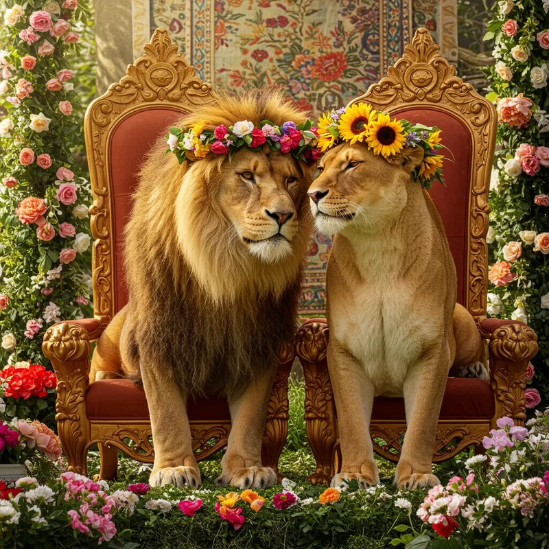 Loving Lion and Lioness on Thrones with Flowers Loving Lion and Lioness on Thrones with Flowers