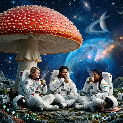 Peaceful Astronauts Sipping Tea Under Red Mushroom Cap