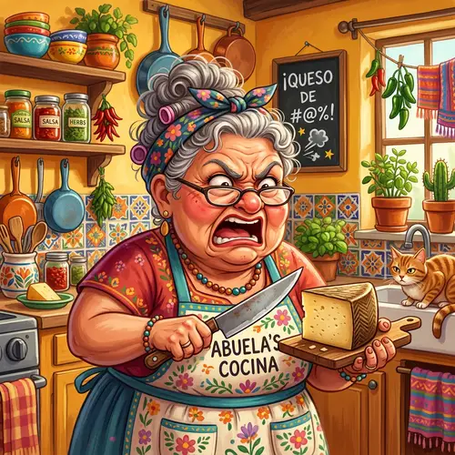Funny Cartoon of Angry Grandmother with Cheese