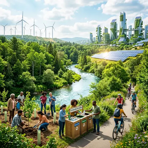 Sustainable World: Green Forest, River, Wind Turbines & Eco Activities