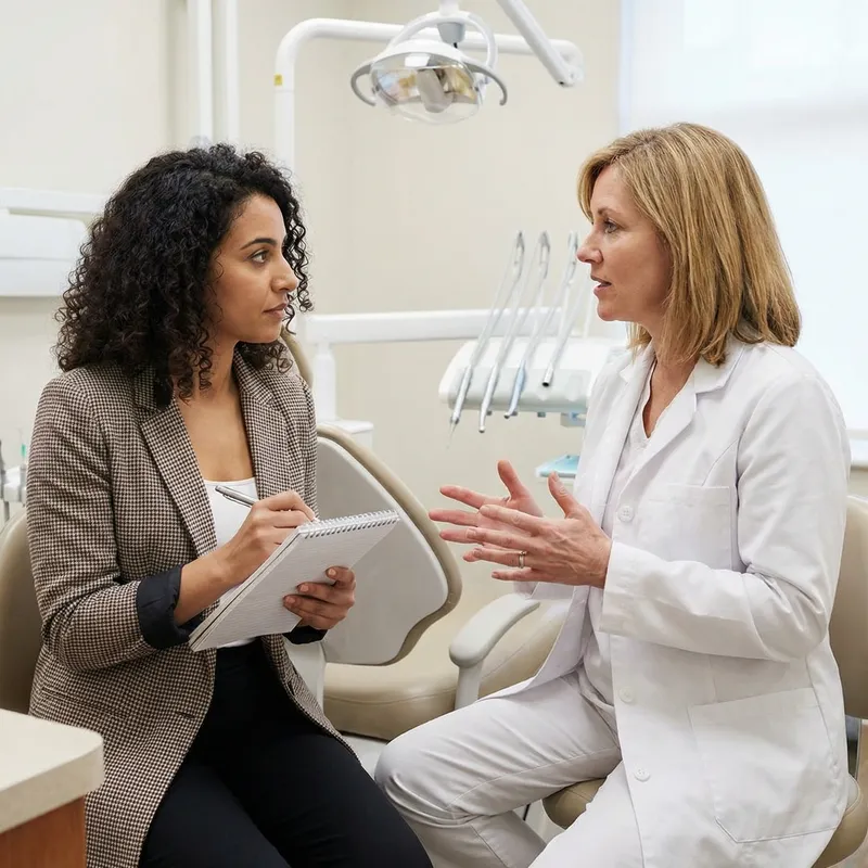 Blond Female Interviewer with Dentist in Dental Office