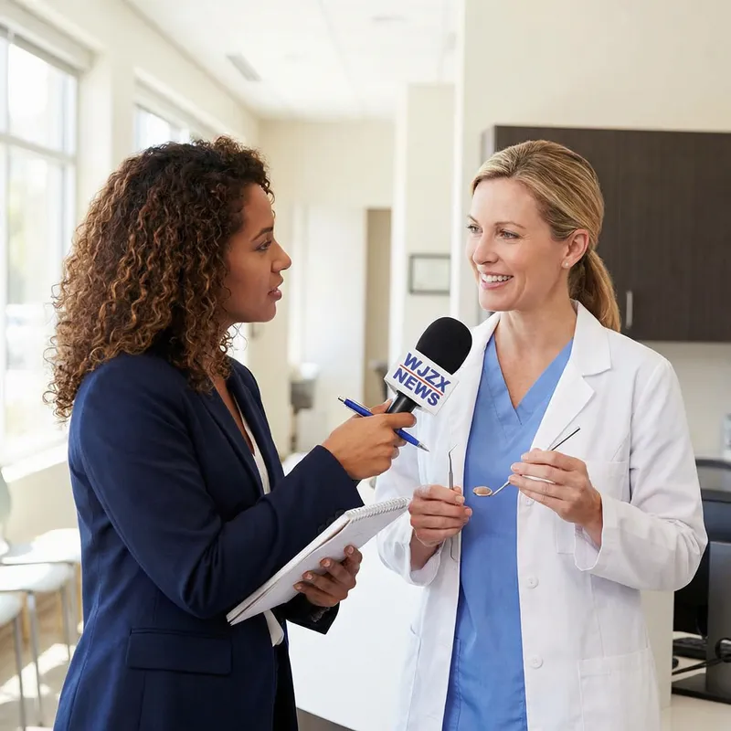 Female News Reporter Interviews Dentist with Dental Equipment
