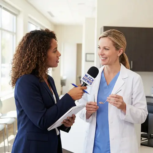 Female News Reporter Interviews Dentist for Dental News