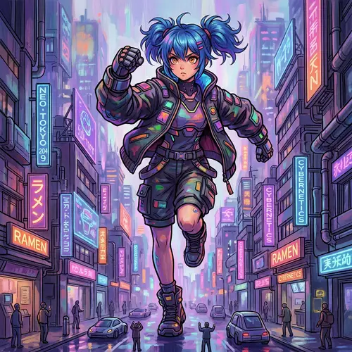 Dynamic Giant Anime Girl in Cyberpunk-Inspired World