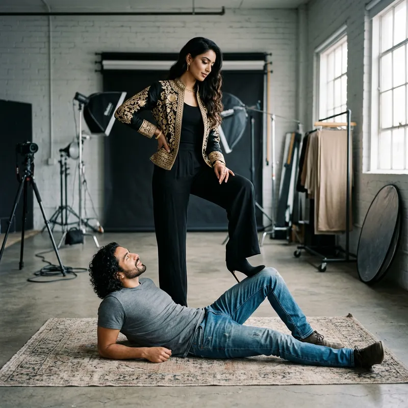 Stylish South Asian Female Model Stands on Relaxed Hispanic Man Stylish South Asian Female Model Stands on Relaxed Hispanic Man