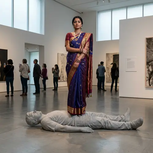 South-Asian Woman Standing on Sculpture of Lying Man
