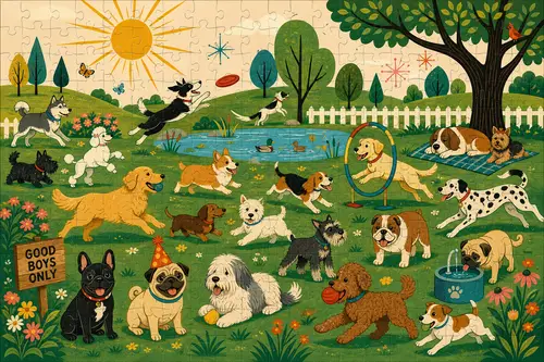 Charming Dog Park Jigsaw Puzzle Art - Retro Style