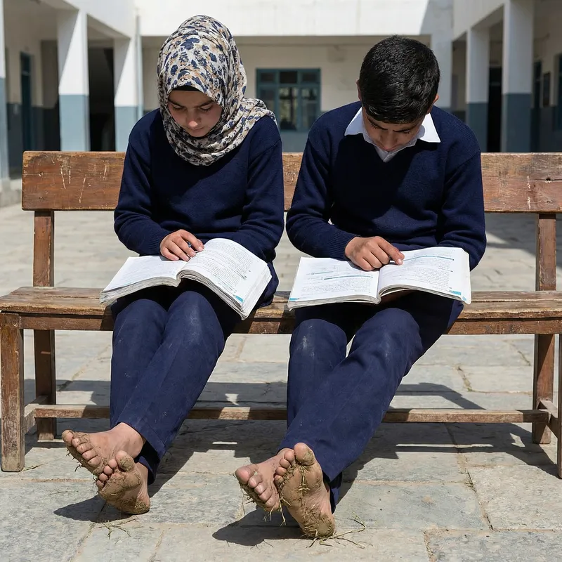 Imaginative Scene of Middle-Eastern School Duo Studying Outdoors Imaginative Scene of Middle-Eastern School Duo Studying Outdoors