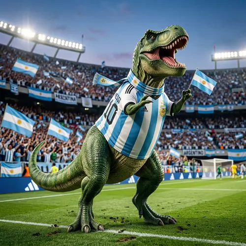 Vibrant Green T-Rex in Argentina Football Jersey