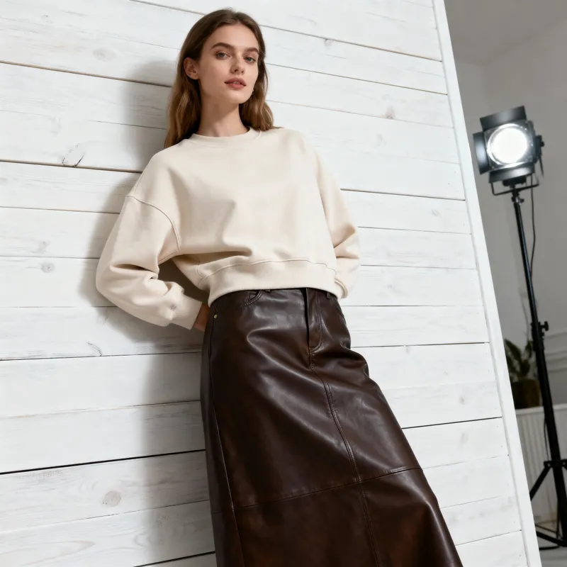 Chic Woman in Beige Sweatshirt - Scandinavian Style