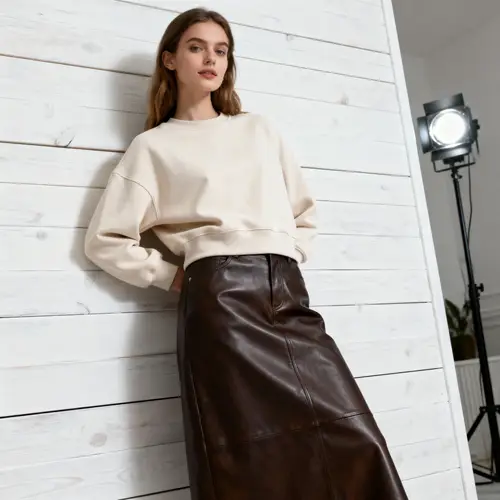 Chic Woman in Beige Sweatshirt - Scandinavian Style