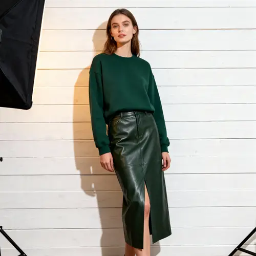 Stylish Woman in Dark Green Sweatshirt | Scandinavian Charm