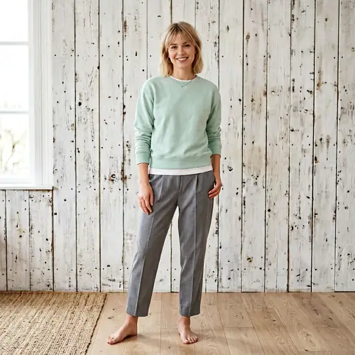 Chic Slim Woman in Mint Sweatshirt with Scandinavian Style