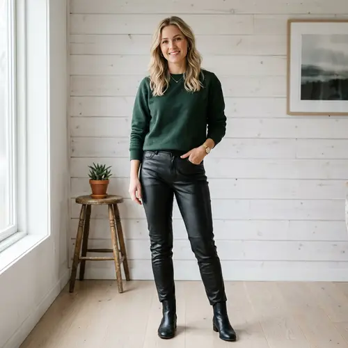 Stylish Woman in Dark Green Sweatshirt | Scandinavian Charm