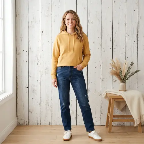 Stylish Woman in Golden Hoodie | Scandinavian Charm
