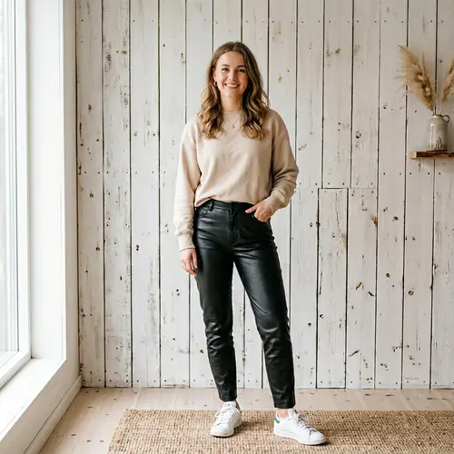 Chic Woman in Beige Sweatshirt - Scandinavian Style