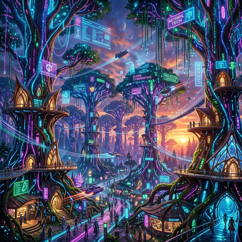 Fantasy Cyberpunk Elven City: Neon Tree Structures