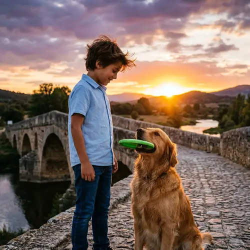 Hispanic Boy and Golden Retriever on Stone Bridge at Sunset