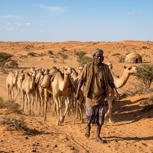 Nomadic Somali Man Herding Camels in Cheetah Fur Outfit