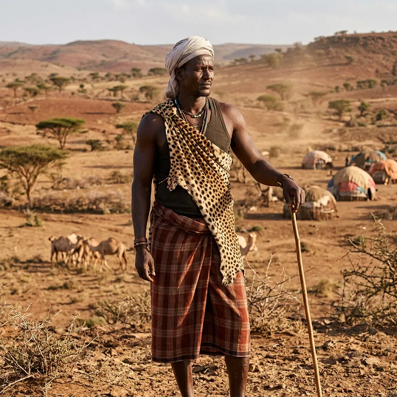 Muscular Nomadic Man from Somalia in Traditional Cheetah Skin Garment