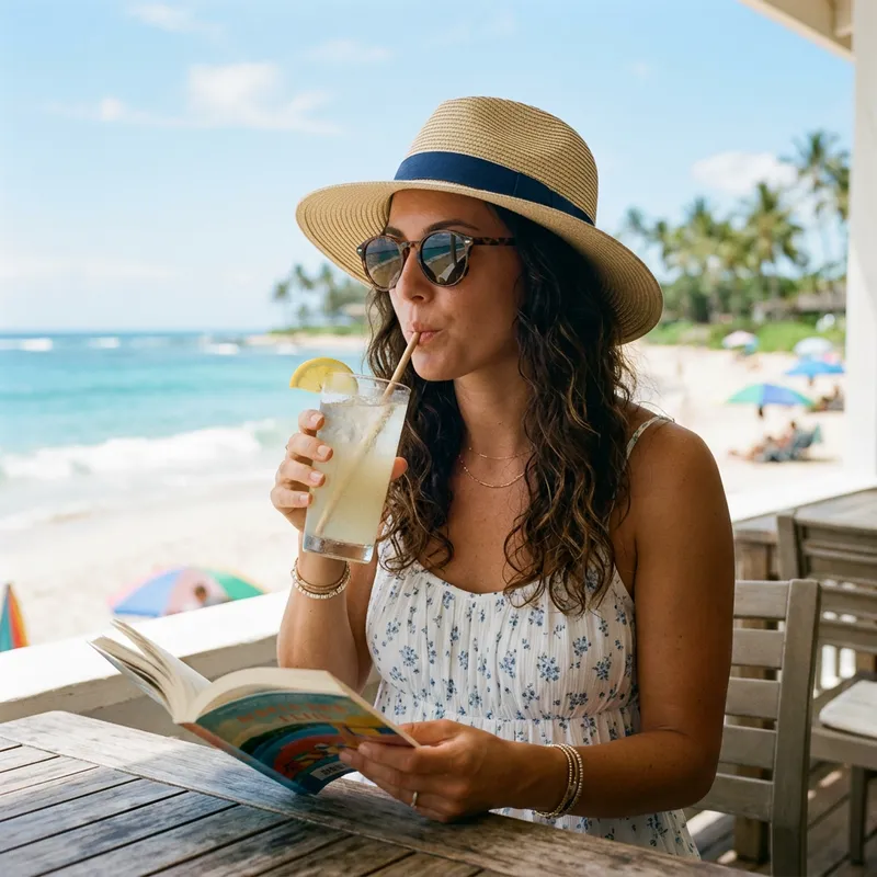 Hot Lady Enjoying Summer with Refreshing Lemonade by the Beach
