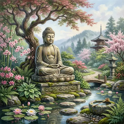 Tranquil Meditating Buddha in Lush Garden | Asian Art Style