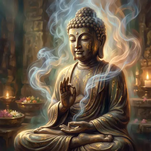 Tranquil Buddha Statue Enveloped in Incense Smoke