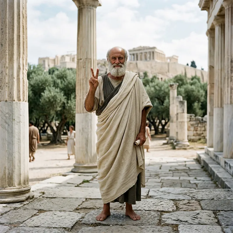 Aristotle Making Peace Sign | Philosophical Wisdom Portrait