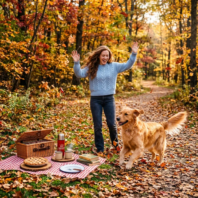 Heart-Warming Autumn Reunion: Joyful Woman and Golden Retriever