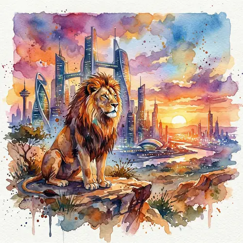 Majestic Lion Sunset Watercolor Abstract Art