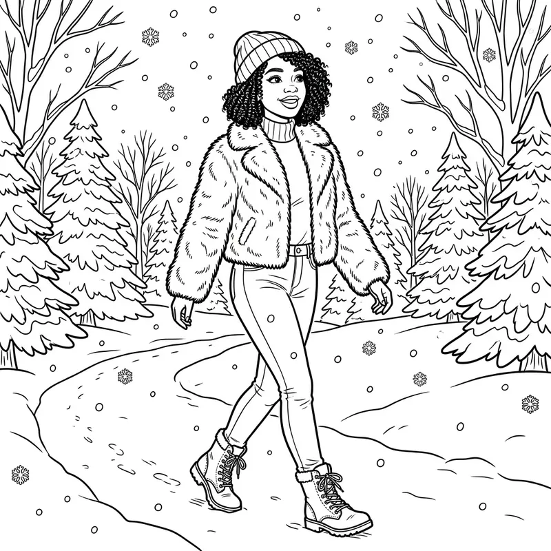 Black Girl Walking in Snow - Coloring Page