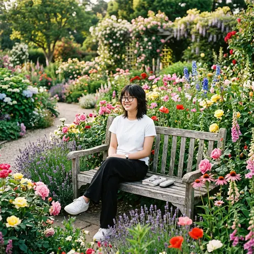 Asian Teenage Girl in White Shirt & Black Pants | Spectacles | Garden of Flowers