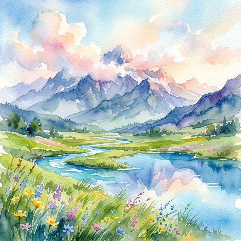 Beautiful Watercolor Landscape with Mountain Range and River