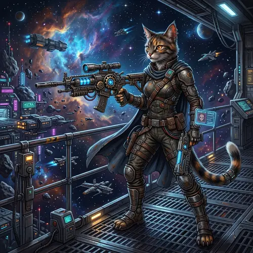 Catfolk Bounty Hunter in Space | Mechanical Weapons