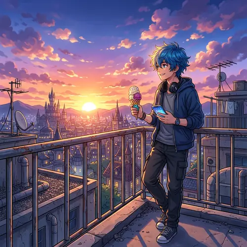 Fantasy Anime Boy Enjoying Sunset with Ice Cream and Phone