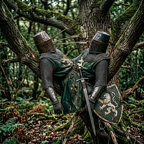 Knight Dead in a Tree with Arrow Pierced Helmet