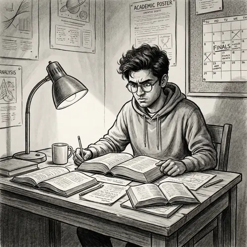 Black and White Drawing of a Young Man Studying