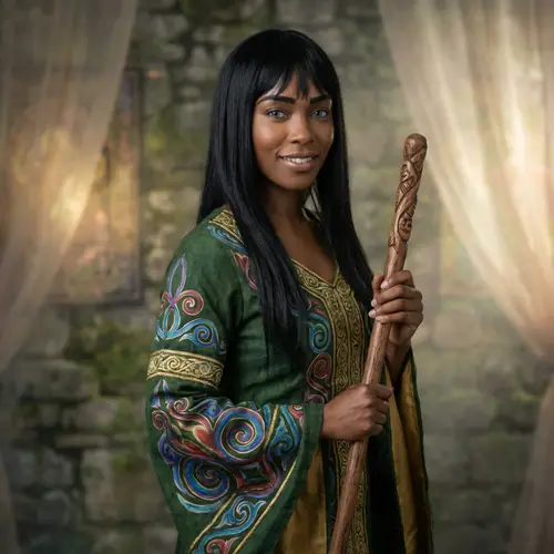 Dark-Skinned Irish Woman in Vibrant Celtic Attire | Studio Portrait