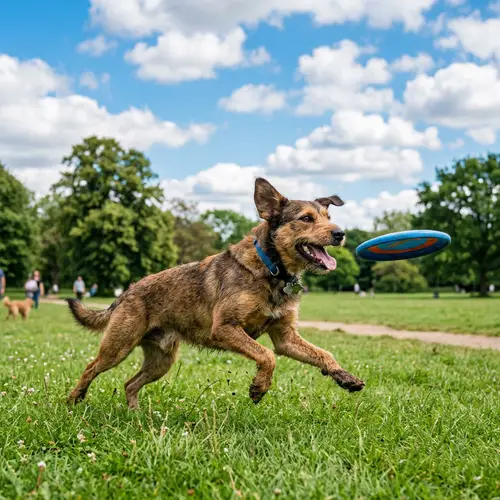 Playful Mixed Breed Dog Running in Lush Green Park