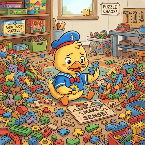 Cartoonish Duck Character Puzzled Among Disconnected Pieces