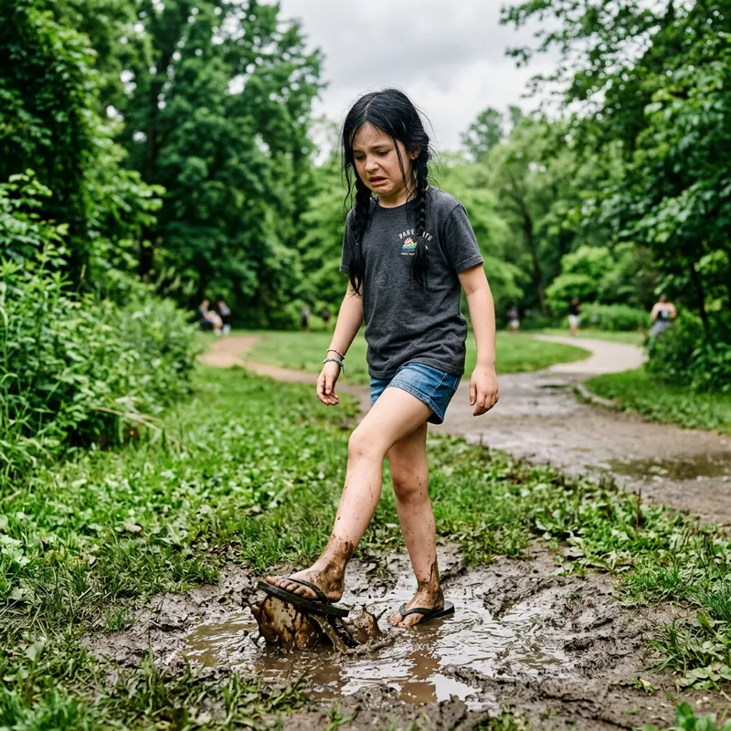 Young Girl Wednesday Steps in Mud in Flip-Flops