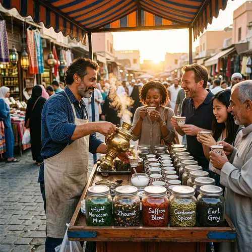 Exotic Tea Seller in Lively Market | Fresh Brewed Tea & Friendly Conversations