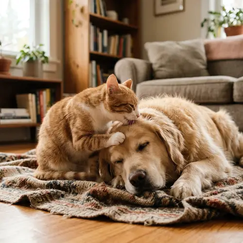 Cute Cat Grooming a Dog
