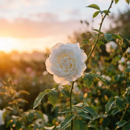 White Rose Bathed in Golden Light of Dawn