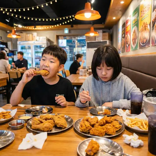 Casual Dining Scene with East Asian Boy and Girl Eating at Chicken Restaurant