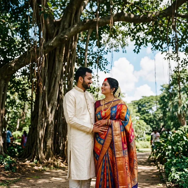 Peaceful Indian Couple in Traditional Attire Outdoors
