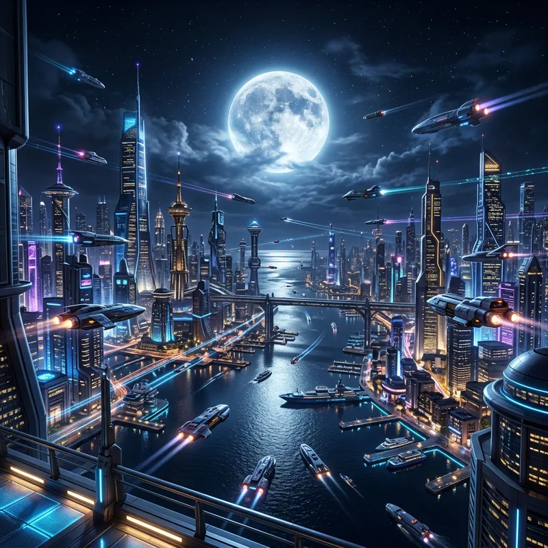 Futuristic City with Spaceships and Moonlit Sky
