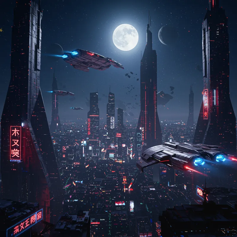 Futuristic City with Spaceships and Moonlit Sky