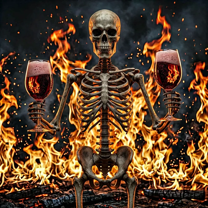 Eerie 3D Skeleton with Wine Glasses in Flames