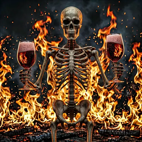 Eerie 3D Skeleton with Wine Glasses in Flames